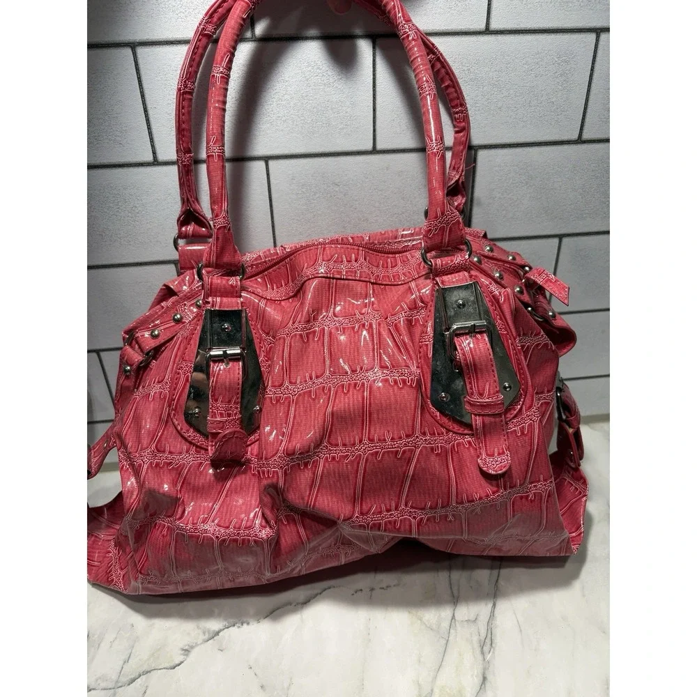 Chateau Pink Croc Embossed Patent Faux Leather Satchel Shoulder Bag Y2K